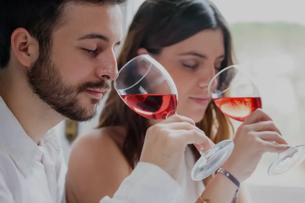 Couple dégustant du vin rouge