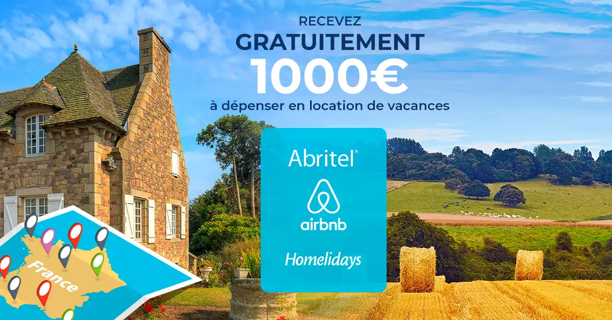Publicité pour un concours avec 1000€ à gagner pour des locations de vacances avec logos d'Abritel, Airbnb, et Homelidays