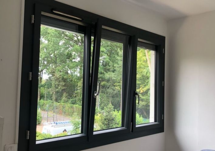 Fenêtres noires modernes avec vue sur la verdure dans une chambre épurée.